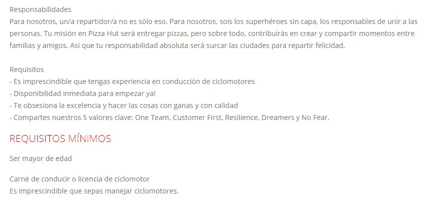 requisitos del cargo en Pizza Hut